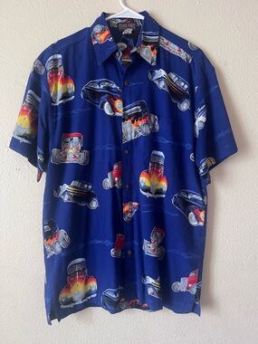 Vintage High Seas Trading Co. Hot Rod Shirt Mens Blue Flames Classic Cars Button